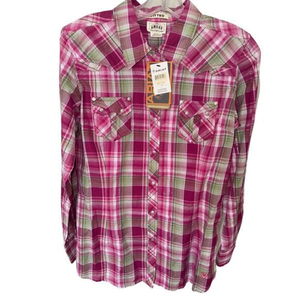 Women's‎ Ariat Western Fitted pink gray silver plaid button down siz M NEWT